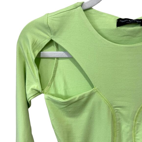 Naked Wardrobe Bodysuit Lime Green Long Sleeve Lined Cut Out Size XS NWT - Picture 6 of 16